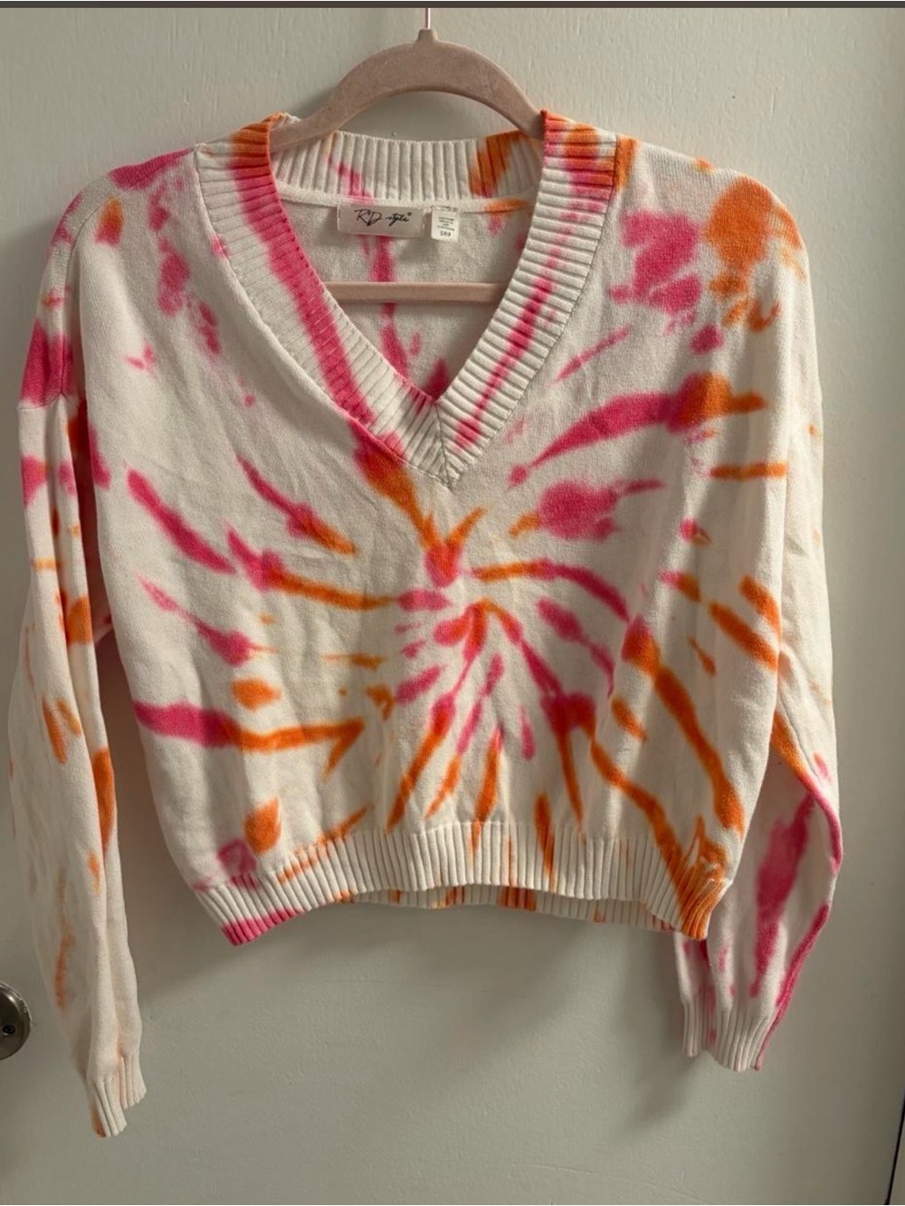 RD Style Tie Dye Cropped V-Neck Sweater Pink Orange White Knit Pullover S